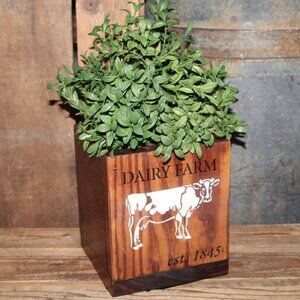 NEW Rustic Farmhouse DAIRY FARM Wood Cow Planter Box with Boxwood Bush